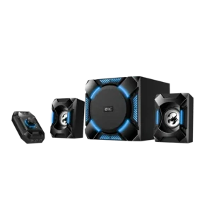 subwoofer genius sw g2.1 1200 gaming negro rca 3.5mm 36w led luz azul parlantes curvilíneos
